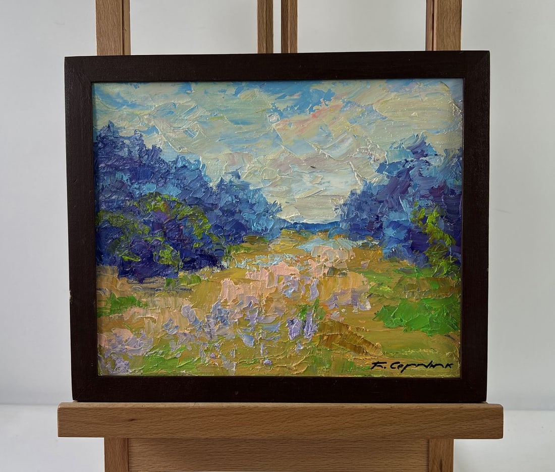 Oil painting Flowering meadow Boris Serdyuk: Title: Oil painting Flowering meadow Boris Serdyuk Description: NoAAA5333The Oil painting on Cardboard titled "Flowering Meadow" captures the vibrant, life-affirming energy of a blooming landscape at