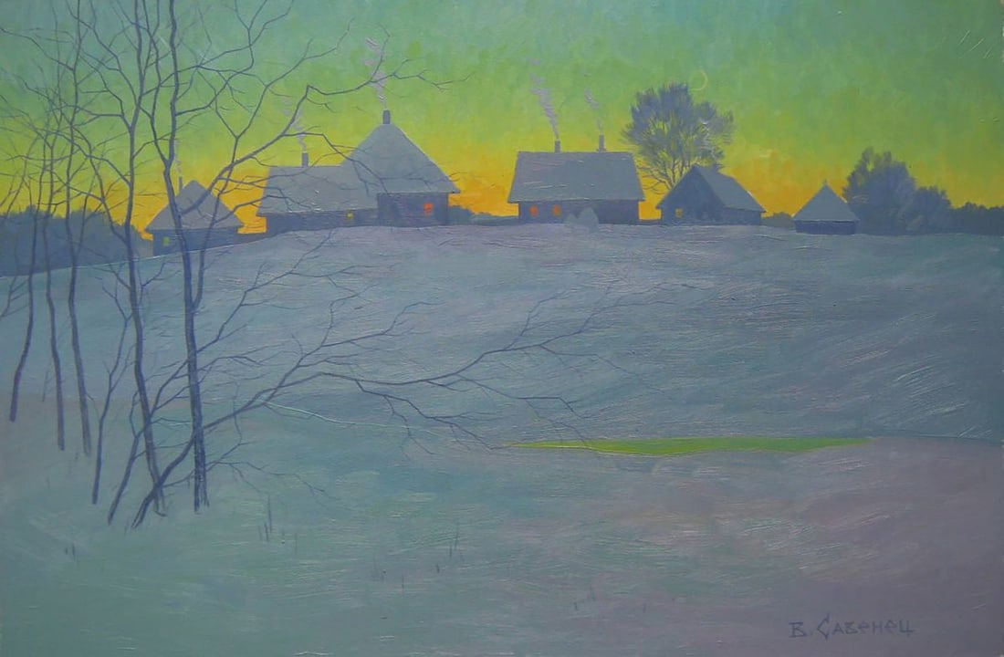 Oil painting Winter evening Valery Savenets: Title: Oil painting Winter evening Valery Savenets Description: NoSav 344Oil painting Winter evening Valery Savenets is a masterfully executed landscape that reveals the artists refined sense of atmos