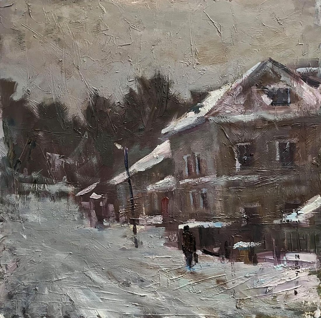 Oil painting City scene Volodymyr Pashchenko: Title: Oil painting City scene Volodymyr Pashchenko Description: NoGaller 138"City Scene" by renowned Ukrainian artist Volodymyr Pashchenko captures the quiet solitude of an urban winter day. Painted