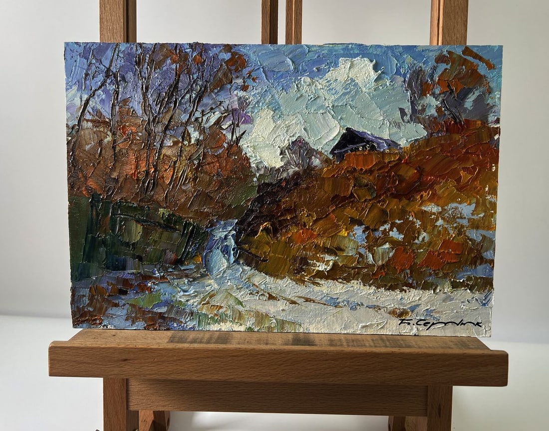 Oil painting House on the hill Boris Serdyuk: Title: Oil painting House on the hill Boris Serdyuk Description: NoAAA5728The Oil painting Cardboard titled "House on the hill" captures a striking seasonal moment where autumn and the first touch of