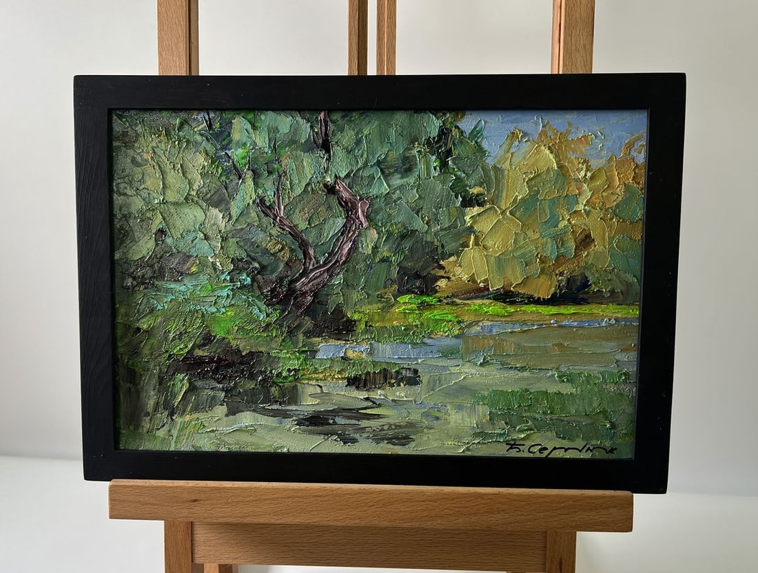 Oil painting Trees above the river Boris Serdyuk: Title: Oil painting Trees above the river Boris Serdyuk Description: NoAAA5732The Oil painting Cardboard titled "Trees above the river" captures the tranquil beauty of nature with striking texture