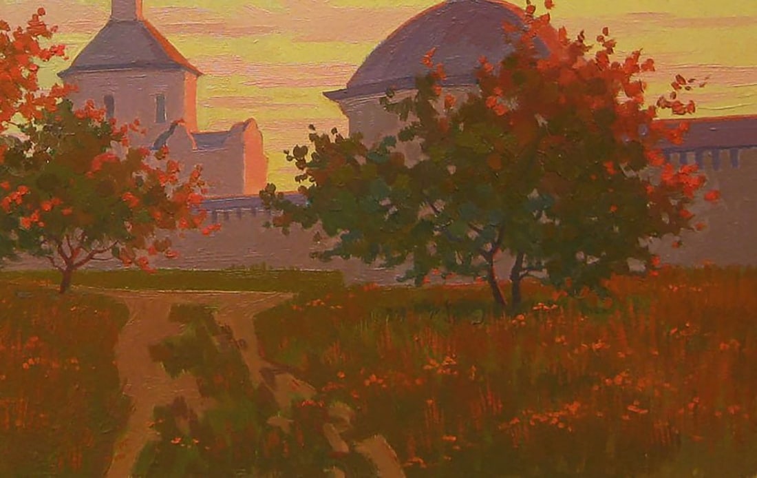Oil painting Yellow sunset over the church Valery Savenets - 2