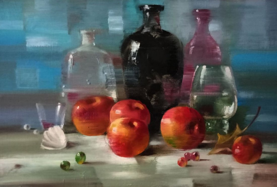 Oil painting Still life Anatoly Borisovich Tarabanov: Title: Oil painting Still life Anatoly Borisovich Tarabanov Description: NoTar 251This eye-catching oil painting "Still life" will add a touch of elegance to any home. It features beautiful glass jugs