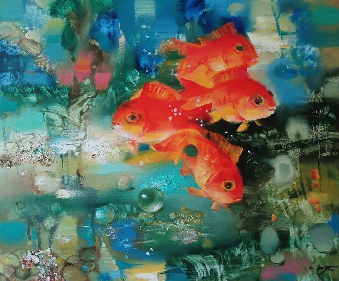 Abstract oil painting Amazing red fish Anatoly Tarabanov: Title: Abstract oil painting Amazing red fish Anatoly Tarabanov Description: NoTar 408Abstract oil painting Amazing red fish Anatoly Tarabanov - a vivid and dreamlike underwater composition where brig