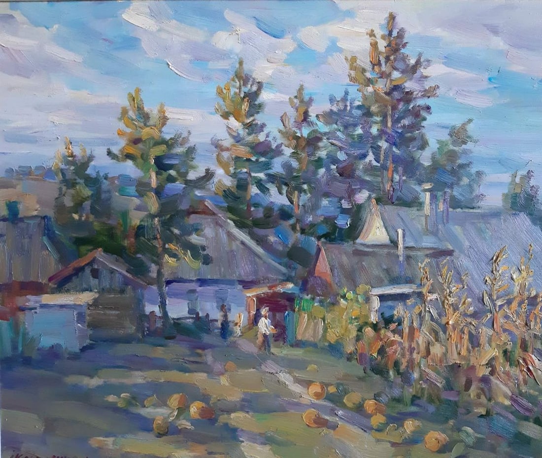 Oil painting The yard Kovalenko Ivan Mikhailovich: Title: Oil painting The yard Kovalenko Ivan Mikhailovich Description: NoKoval 28In "The Yard" by the renowned Ukrainian artist Kovalenko Ivan, the painting captures a typical rural scene of a homestea