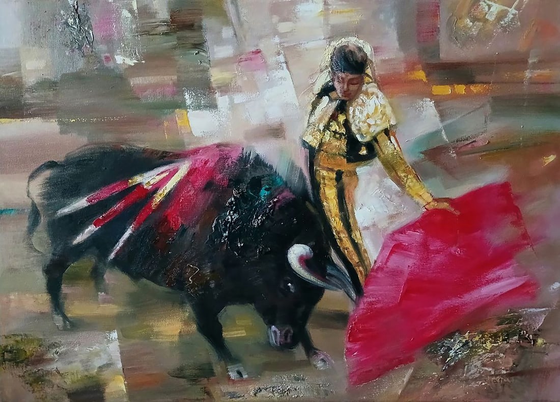 Abstract oil painting Bull and man Anatoly Tarabanov: Title: Abstract oil painting Bull and man Anatoly Tarabanov Description: NoTar 415Abstract oil painting Bull and man Anatoly Tarabanov - a powerful and emotional depiction of a matador facing a