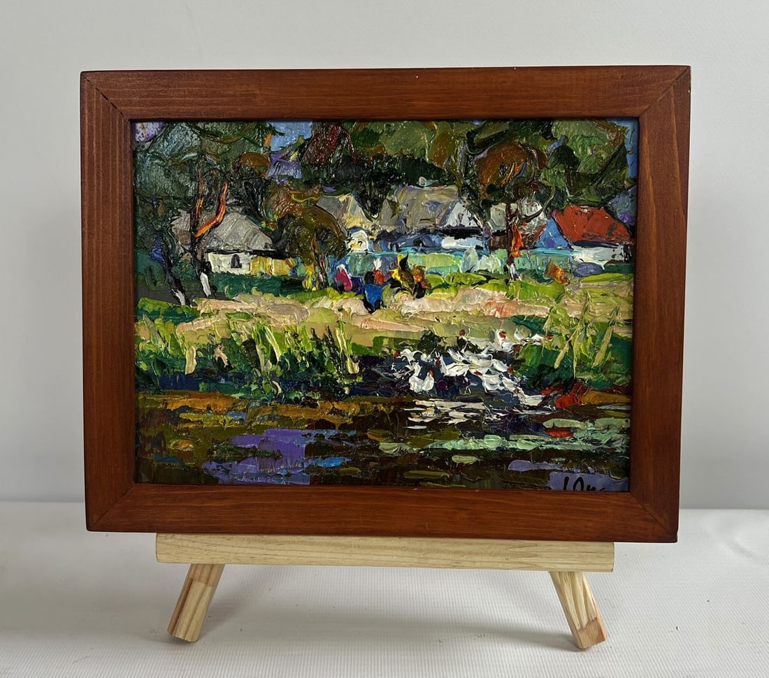 Oil painting Ducks are swimming along the river Oksana Kalenyuk: Title: Oil painting Ducks are swimming along the river Oksana Kalenyuk Description: NoAAA4724The oil painting on cardboard titled "Ducks Are Swimming Along the River" captures the tranquil beauty of