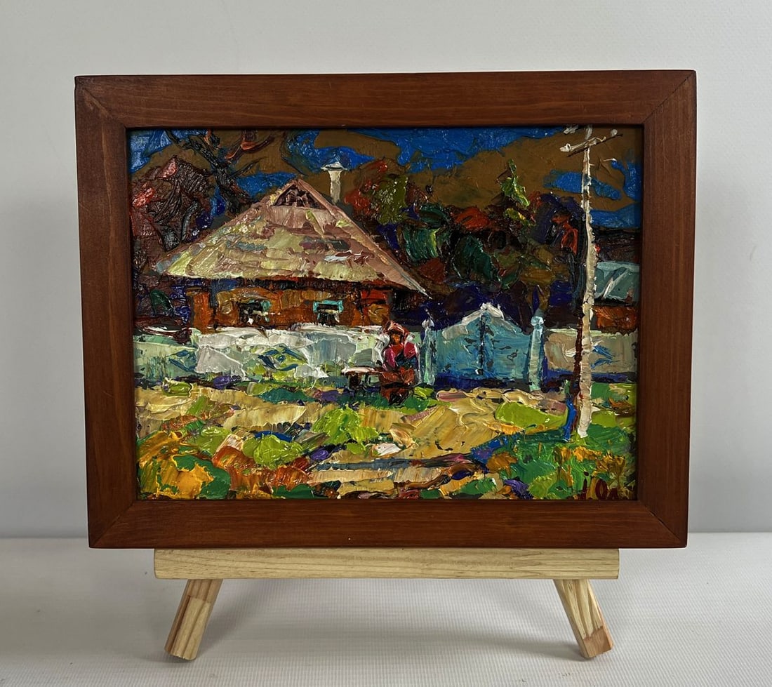 Oil painting Relaxing on a bench Alex Kalenyuk: Title: Oil painting Relaxing on a bench Alex Kalenyuk Description: NoAAA4747The oil painting on cardboard titled "Relaxing on a Bench" transports the viewer into a serene rural setting, where time