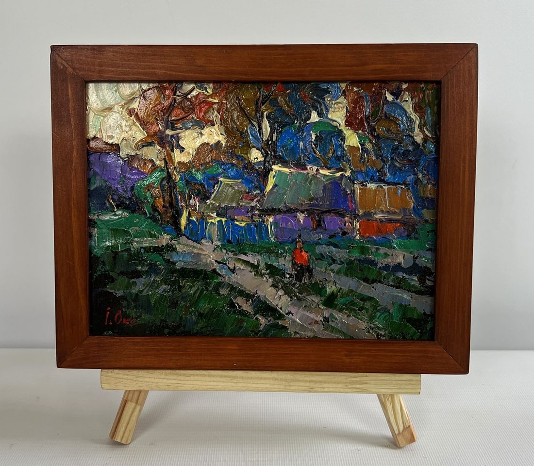 Oil painting Cool wind in the evening Oksana Kalenyuk: Title: Oil painting Cool wind in the evening Oksana Kalenyuk Description: NoAAA4753The oil painting on cardboard titled "Cool Wind in the Evening" captures the essence of a tranquil village setting