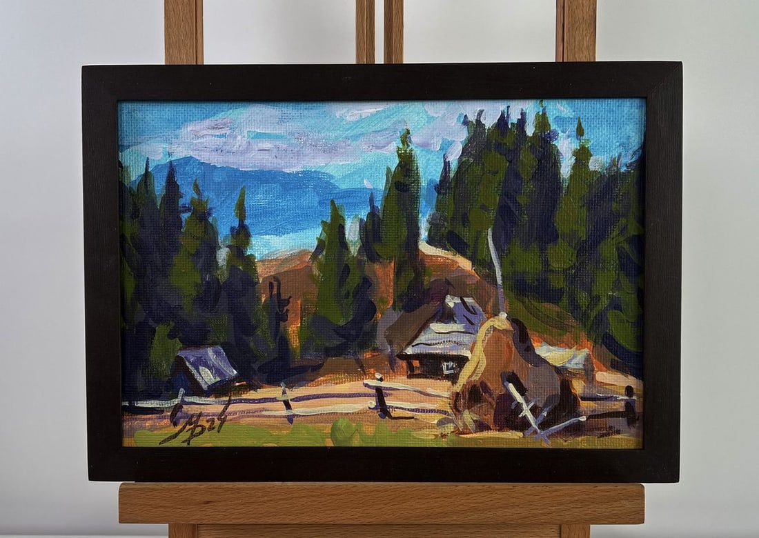 Acrylic painting House in the forest Mykhailo Patskan: Title: Acrylic painting House in the forest Mykhailo Patskan Description: NoAAA4887The acrylic painting on cardboard titled "House in the Forest" captures a moment of rustic tranquility nestled deep