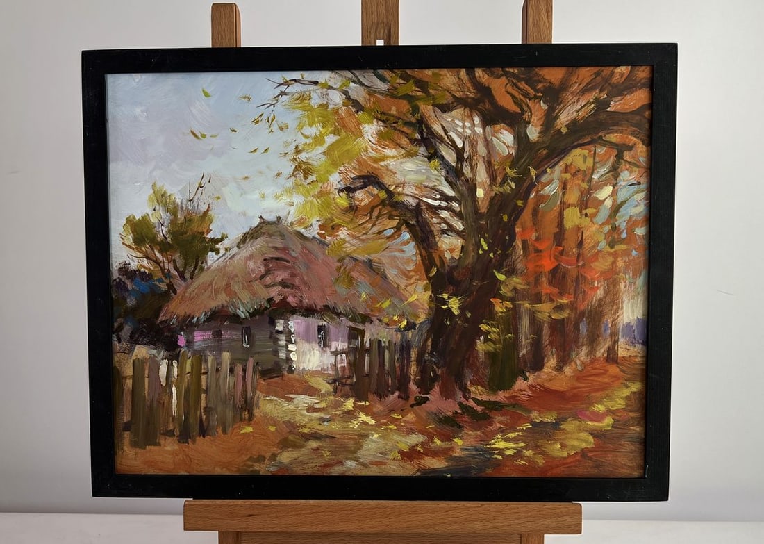 Oil painting Street in golden leaves Yuriy Suprunchuk: Title: Oil painting Street in golden leaves Yuriy Suprunchuk Description: NoAAA4992The oil painting on cardboard titled "Street in Golden Leaves" vividly captures the essence of a peaceful, nostalgic