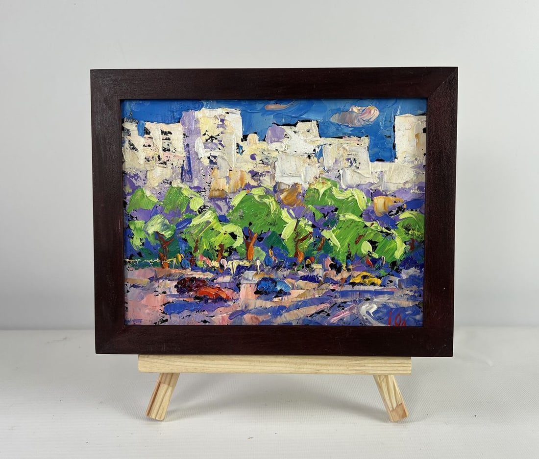 Oil painting Big city lights Alex Kalenyuk: Title: Oil painting Big city lights Alex Kalenyuk Description: NoAAA5086The oil painting on Cardboard titled "Big City Lights" captures the pulsing energy and vibrant contrasts of urban life, interpre