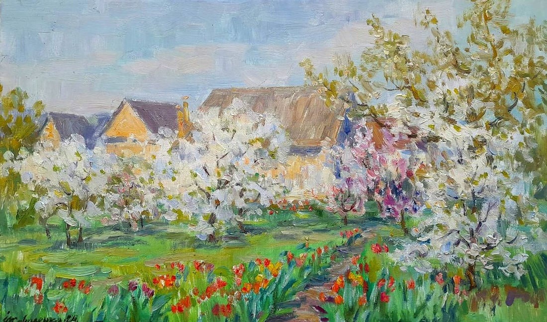 Oil painting Tulips in the garden Ivan Kovalenko: Title: Oil painting Tulips in the garden Ivan Kovalenko Description: NoKoval 212The artwork titled "Tulips in the Garden" is a charming depiction of springtime bloom in a rural garden, evoking a sense