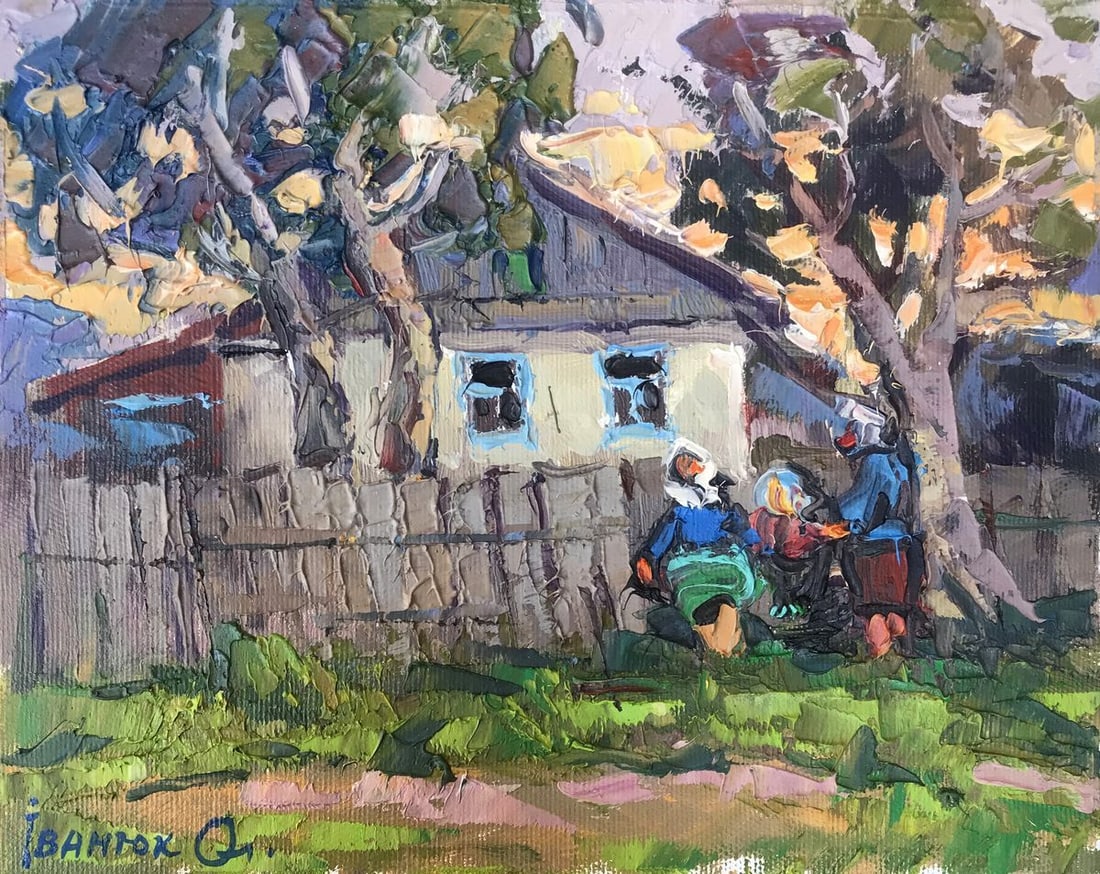 Oil painting Evening Kalenyuk Alex: Title: Oil painting Evening Kalenyuk Alex Description: NoAAA3082"Evening" is a captivating oil painting that beautifully captures the essence of a serene summer evening in a quaint countryside village