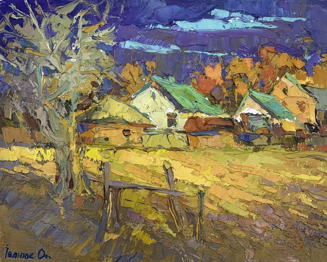 Oil painting Warm evening Kalenyuk Oksana: Title: Oil painting Warm evening Kalenyuk Oksana Description: NoAAA3149The oil painting "Warm Evening" presents a charming rural scene rich in color and texture. The artist employs impasto technique,