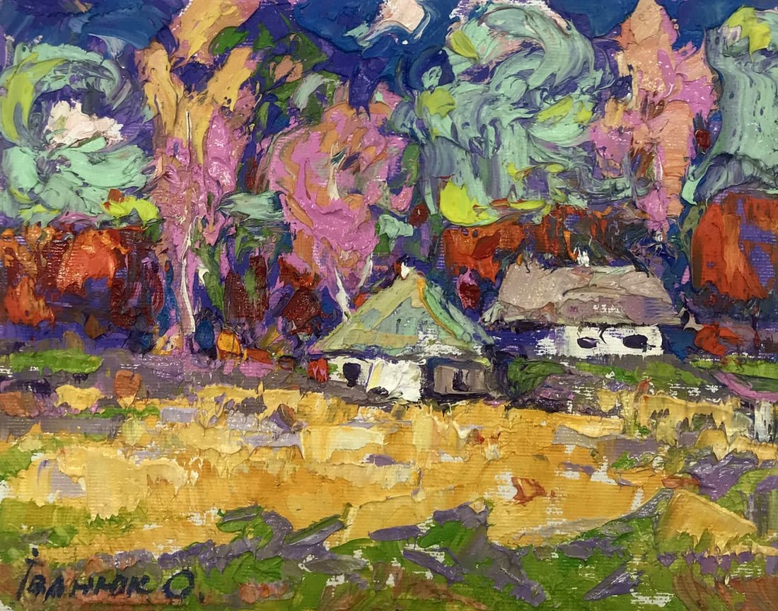 Oil painting Village edge Alex Kalenyuk: Title: Oil painting Village edge Alex Kalenyuk Description: NoAAA3169The oil painting entitled "Village edge" depicts a cozy corner of the countryside. The composition is filled with picturesque color