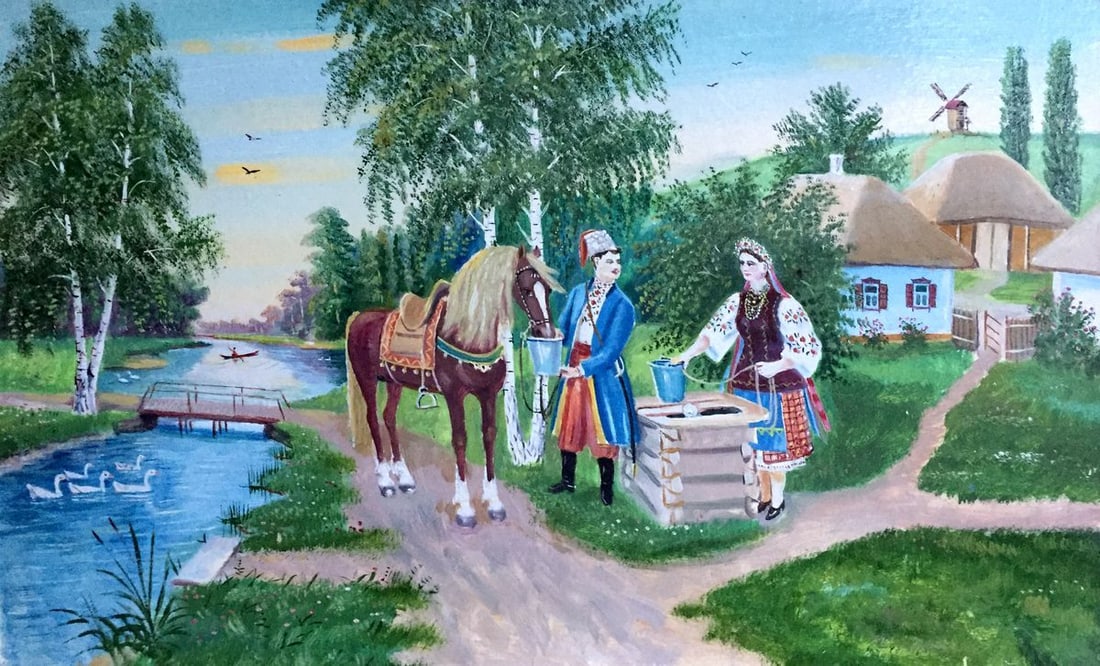 Oil painting Ukrainian naive Couple near the well: Title: Oil painting Ukrainian naive Couple near the well Description: No533 * TITLE: "Couple near the well" * SIZE: 71x48cm/'27.95x18.89 inches' * MEDIUM: oil, canvas * HAND PAINTED: Original painting