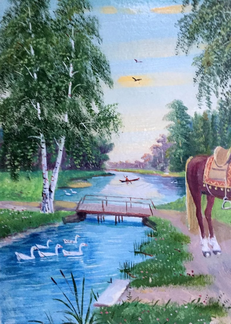 Oil painting Ukrainian naive Couple near the well - 4