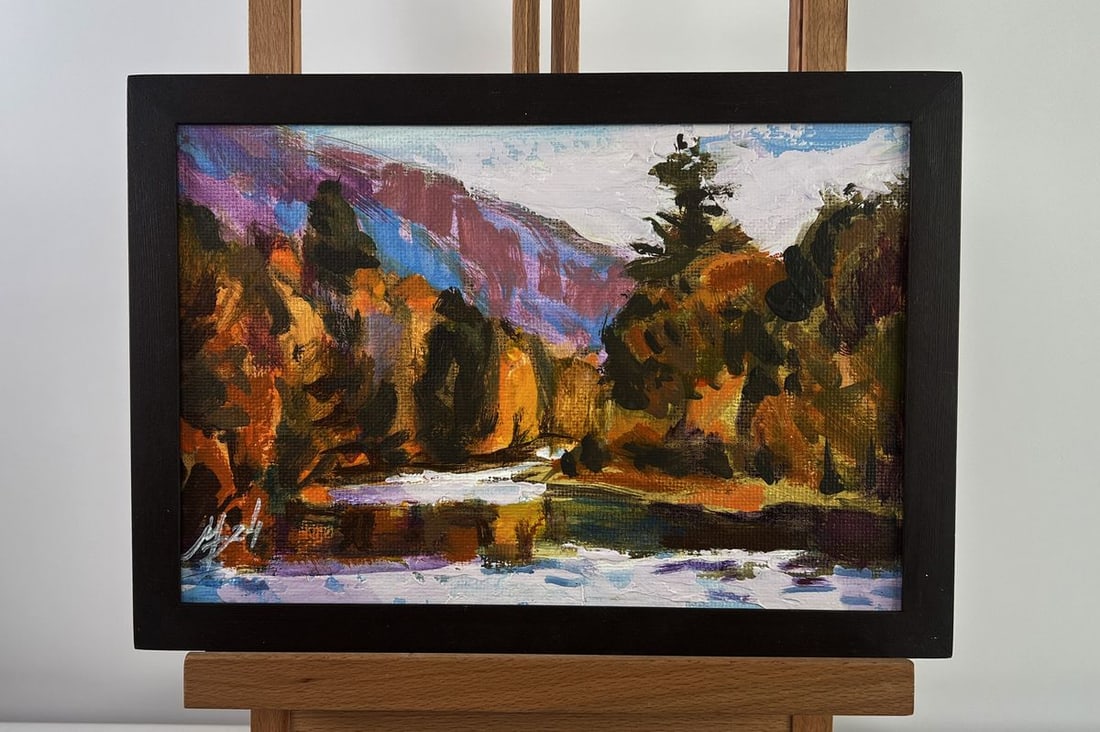 Acrylic painting In the autumn forest Mykhailo Patskan: Title: Acrylic painting In the autumn forest Mykhailo Patskan Description: NoAAA4939The acrylic painting on cardboard titled "In the Autumn Forest" evokes a sense of warmth, nostalgia, and deep