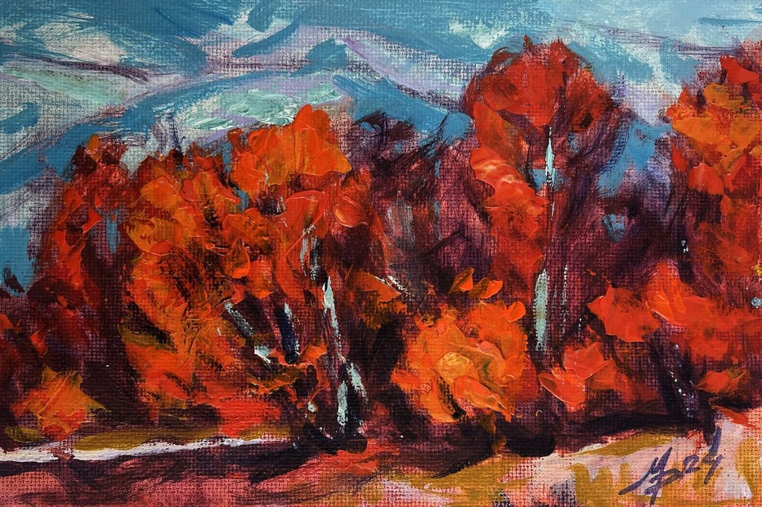 Acrylic painting Red autumn trees Mykhailo Patskan - 3