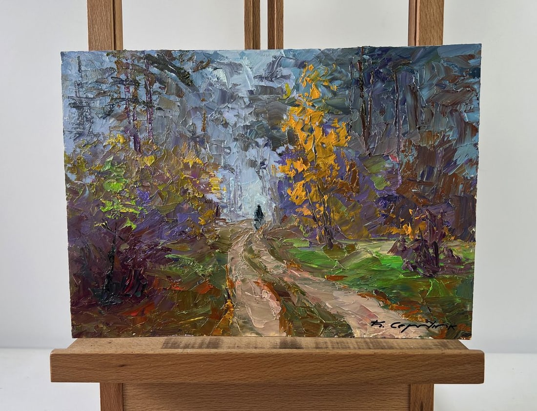 Oil painting Mushroom season Boris Serdyuk: Title: Oil painting Mushroom season Boris Serdyuk Description: NoAAA5319The oil painting on Cardboard titled "Mushroom season" captures a vibrant autumnal forest at the height of its richness and tran