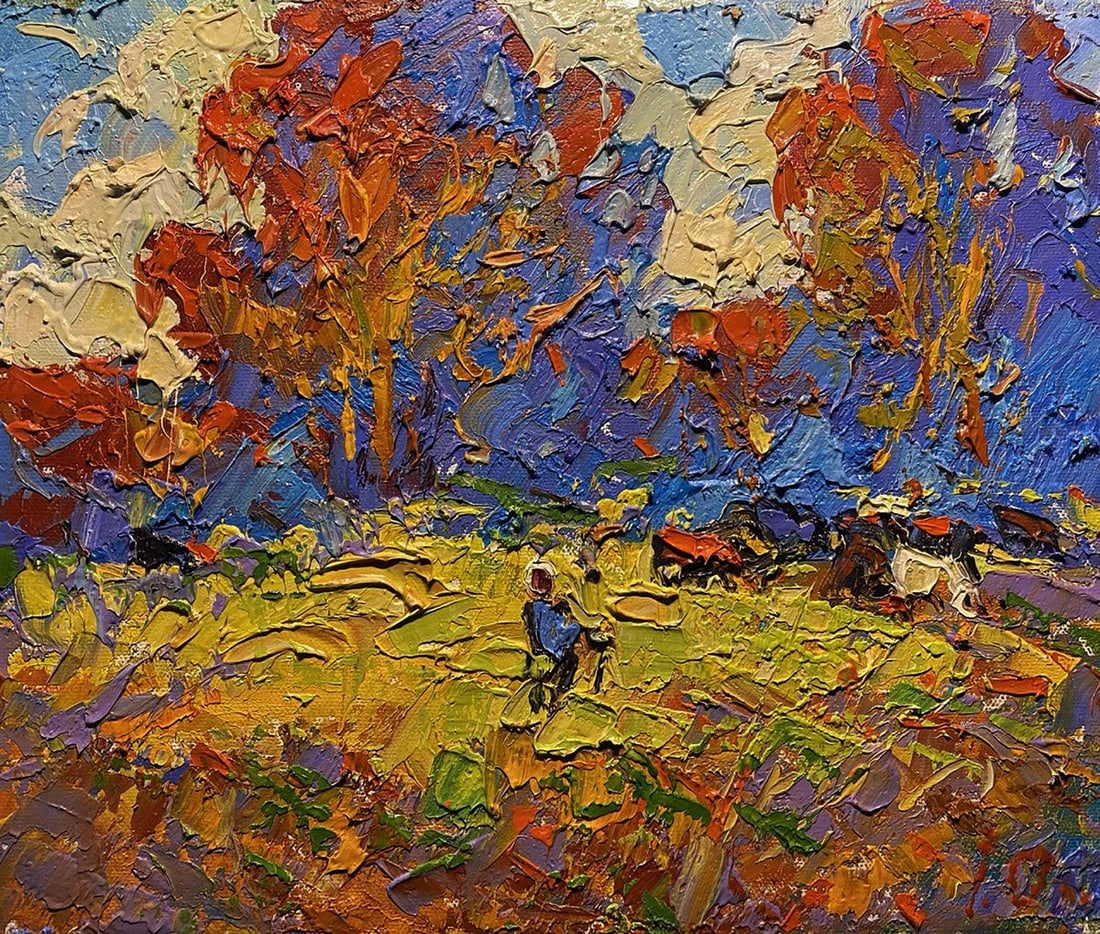 Oil painting Autumn colors of trees Alex Kalenyuk: Title: Oil painting Autumn colors of trees Alex Kalenyuk Description: NoKalen 1488The oil painting on canvas titled "Autumn Colors of Trees" bursts with emotional intensity and sensory richness,