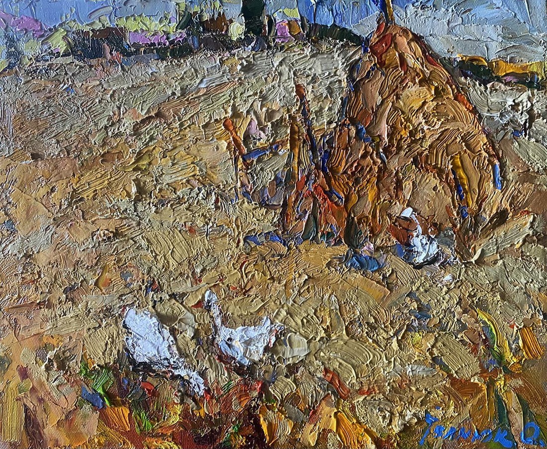 Oil painting Geese in the fields Oksana Kalenyuk: Title: Oil painting Geese in the fields Oksana Kalenyuk Description: NoKalen 1425The painting "Geese in the Fields" captures a serene rural scene, evoking the charm and tranquility of countryside