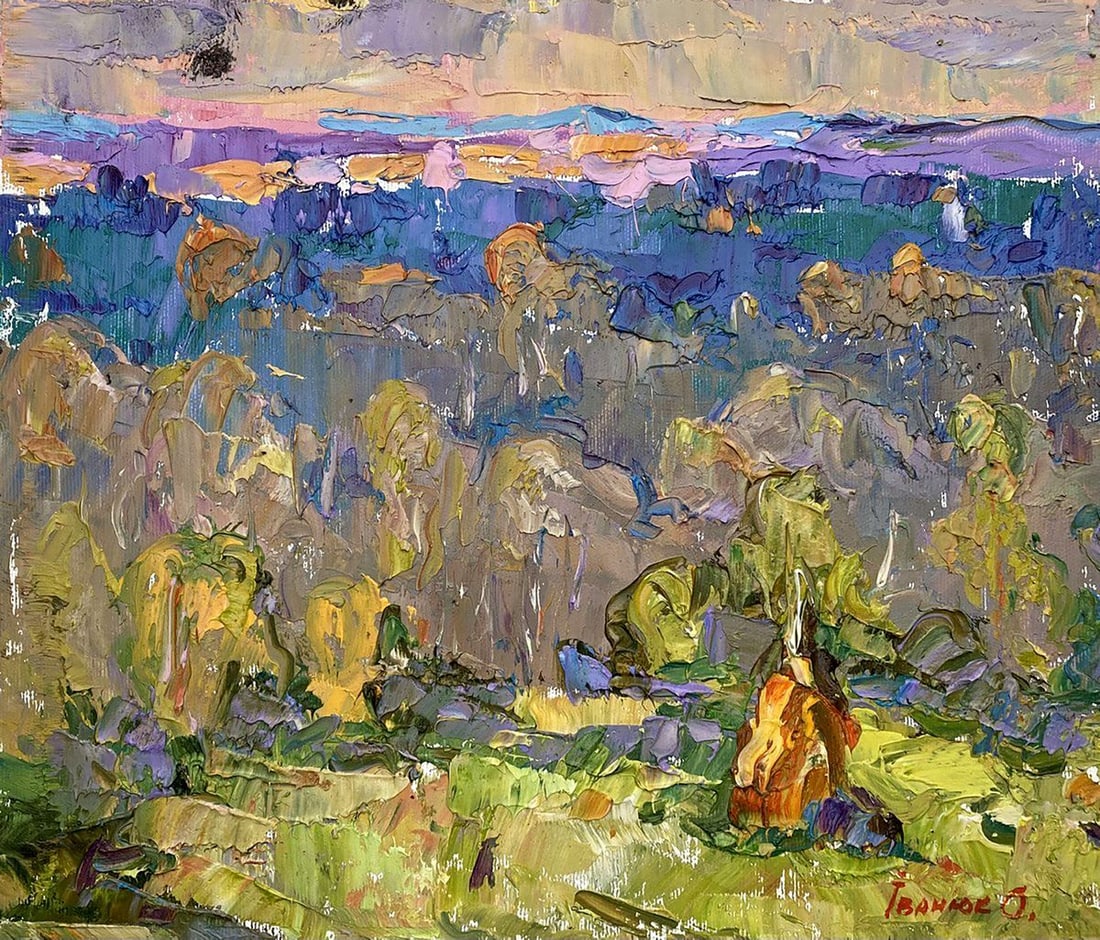 Oil painting Autumn is far away Kalenyuk Alex: Title: Oil painting Autumn is far away Kalenyuk Alex Description: NoKalen 1198"Autumn is Far Away" is a deeply evocative oil painting that captures a moment suspended between seasons, where the vibran