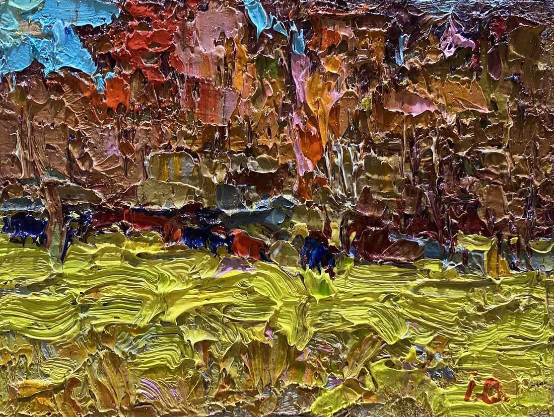 Oil painting Autumn crimson Oksana Kalenyuk: Title: Oil painting Autumn crimson Oksana Kalenyuk Description: NoKalen 1227"Autumn Crimson" captures the essence of fall in a picturesque oil painting that seamlessly blends warmth and melancholy. Th