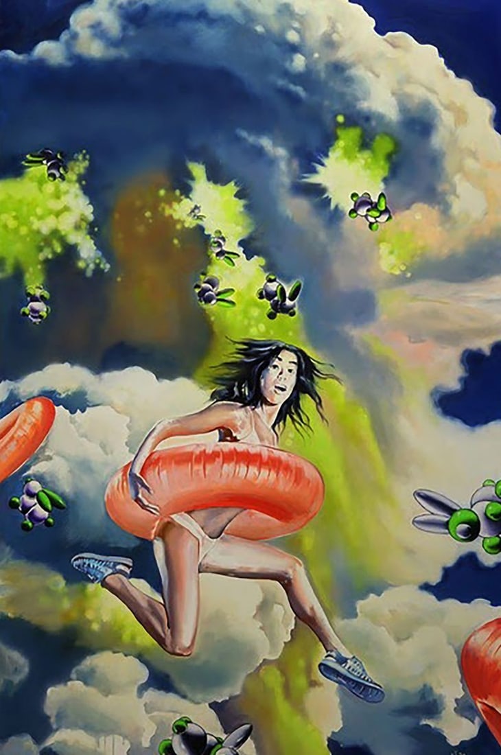 Oil painting Running from a thunderstorm Igor Konovalov: Title: Oil painting Running from a thunderstorm Igor Konovalov Description: No.Kon 129The oil painting on canvas titled "Running from a Thunderstorm" presents a striking fusion of surrealism and