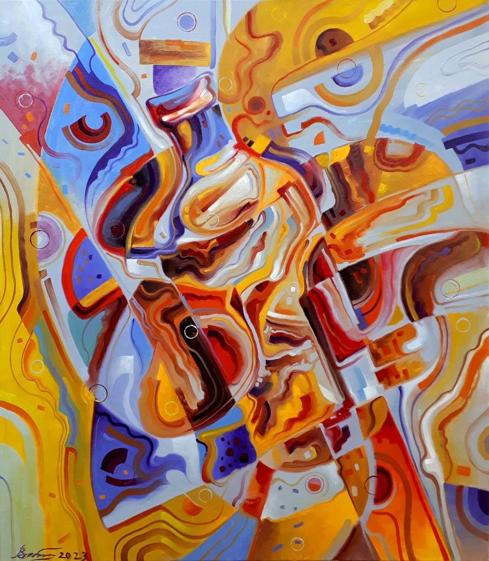 Oil painting Whisky time Sergey Voichenko: Title: Oil painting Whisky time Sergey Voichenko Description: No.Voich 105The oil painting titled "Whisky Time" is a vividly abstract representation that seems to swirl and melt around the central fig