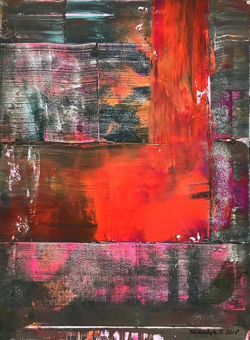 Acrylic painting LOVE Olga Melezhik: Title: Acrylic painting LOVE Olga Melezhik Description: No.Mel 54The painting titled "LOVE" by Ukrainian artist Olga Melezhik radiates warmth and intensity through its rich, abstract layering of color