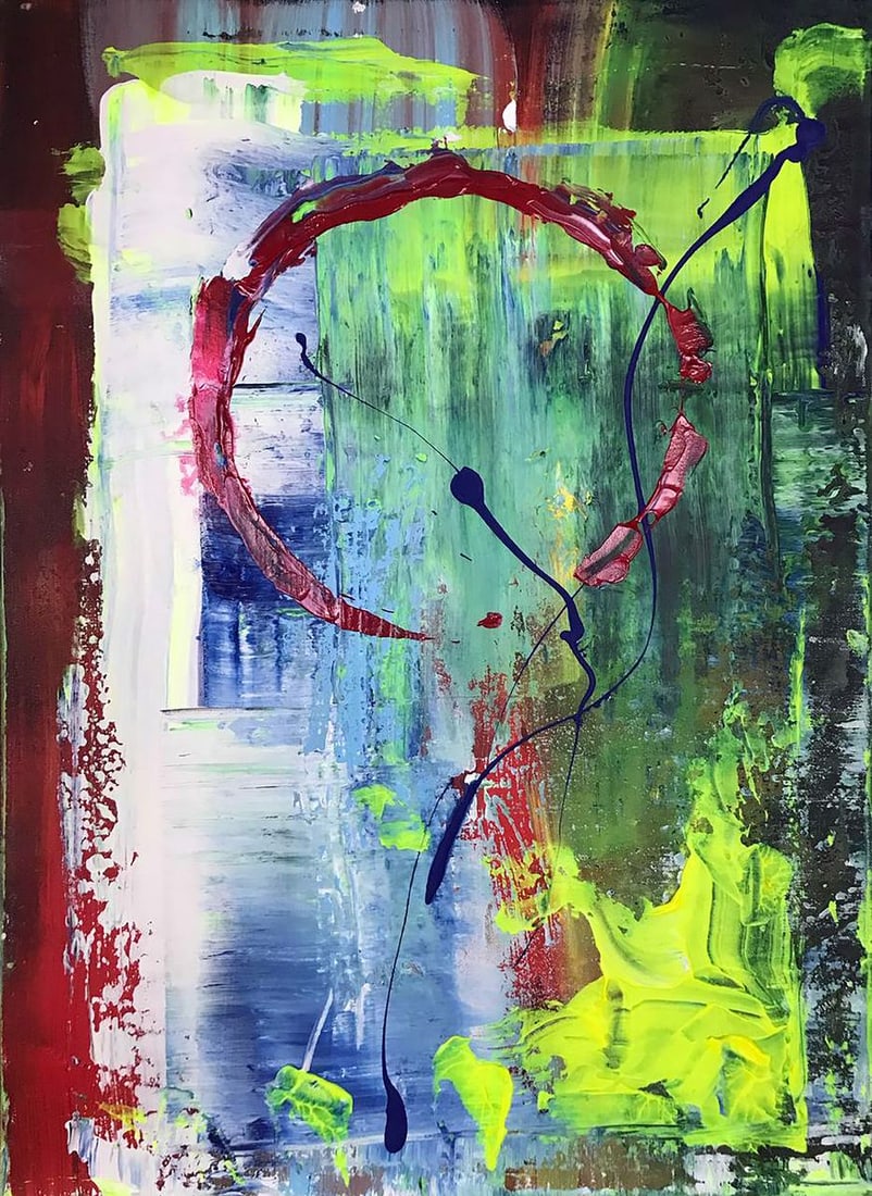 Acrylic painting Red sun Olga Melezhik: Title: Acrylic painting Red sun Olga Melezhik Description: No.Mel 62"Red Sun" by Olga Melezhik is an abstract composition that contrasts vivid neon greens and blues with a striking red circle,