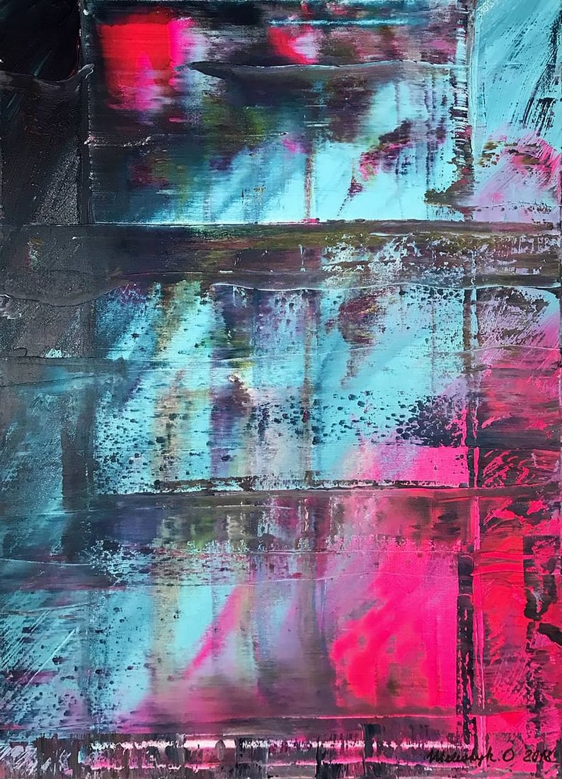 Acrylic painting My kingdom Olga Melezhik: Title: Acrylic painting My kingdom Olga Melezhik Description: No.Mel 66"My Kingdom" by Olga Melezhik is a vibrant, abstract composition filled with bold strokes of turquoise, pink, and deep purple.