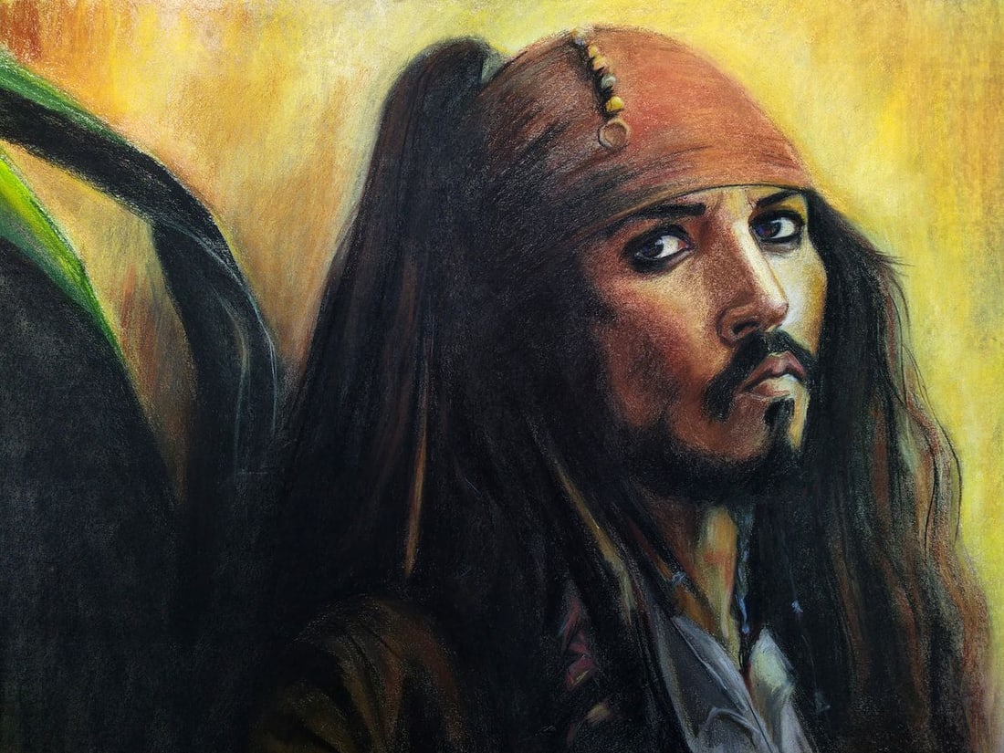 Pastel painting Hopelessness Yulia Lihina: Title: Pastel painting Hopelessness Yulia Lihina Description: No.Lih 3The pastel painting titled "Hopelessness" is an evocative portrait that captures the likeness of the character Captain Jack