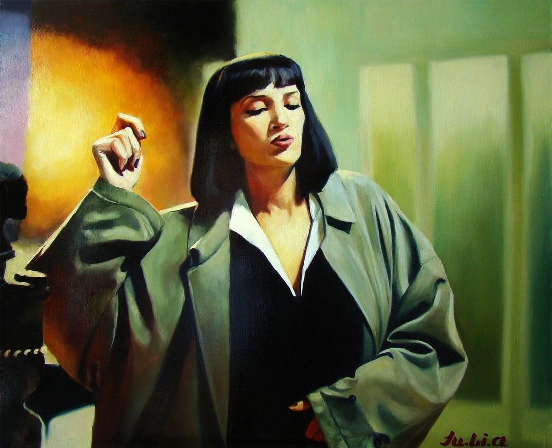 Oil painting In the drive Yulia Lihina: Title: Oil painting In the drive Yulia Lihina Description: No.Lih 5The oil painting titled "In the drive" captures a compelling moment inspired by the film "Pulp Fiction," specifically the scene where