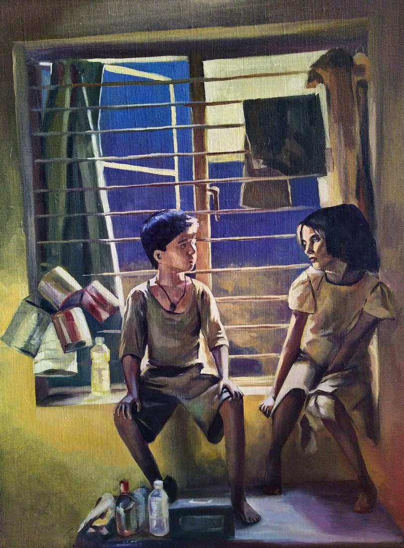 Oil painting Children and impoverished India Yulia Lihina: Title: Oil painting Children and impoverished India Yulia Lihina Description: No.Lih 6The oil painting "Children and Impoverished India" is a poignant representation of youth in a setting marked by sc