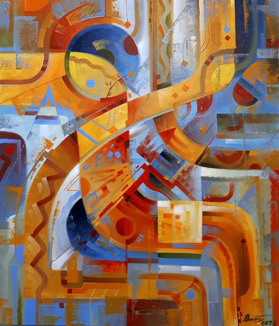 Oil painting Boomerangs Sergey Voichenko: Title: Oil painting Boomerangs Sergey Voichenko Description: No.Voich 4"Boomerangs" is a vibrant oil painting that bursts with a dynamic array of warm tones, primarily oranges and yellows, complemente