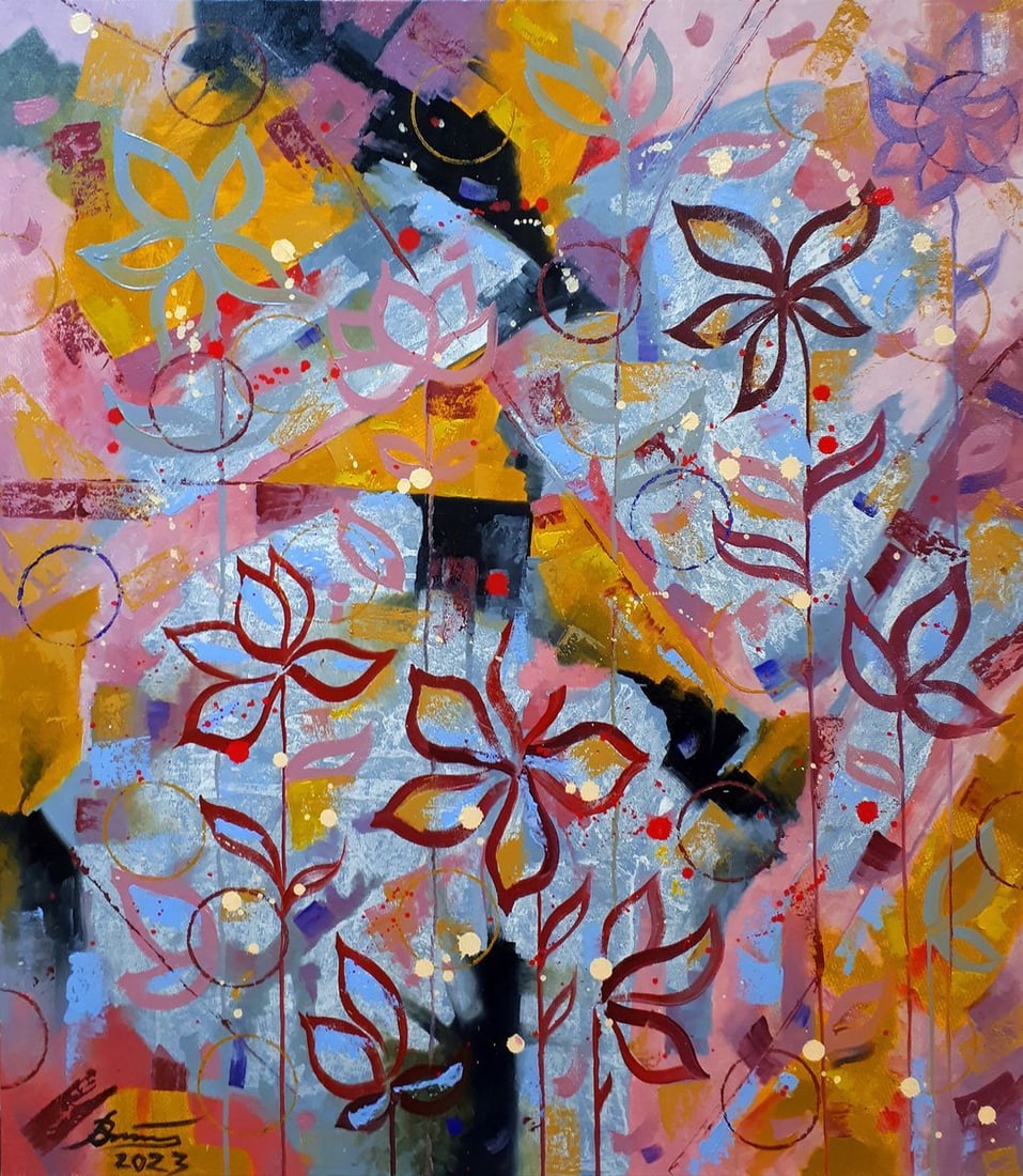 Oil painting In flowers Sergey Voichenko: Title: Oil painting In flowers Sergey Voichenko Description: No.Voich 12The abstract oil painting "In Flowers" is a vibrant and expressive celebration of floral beauty. The canvas is a riot of color