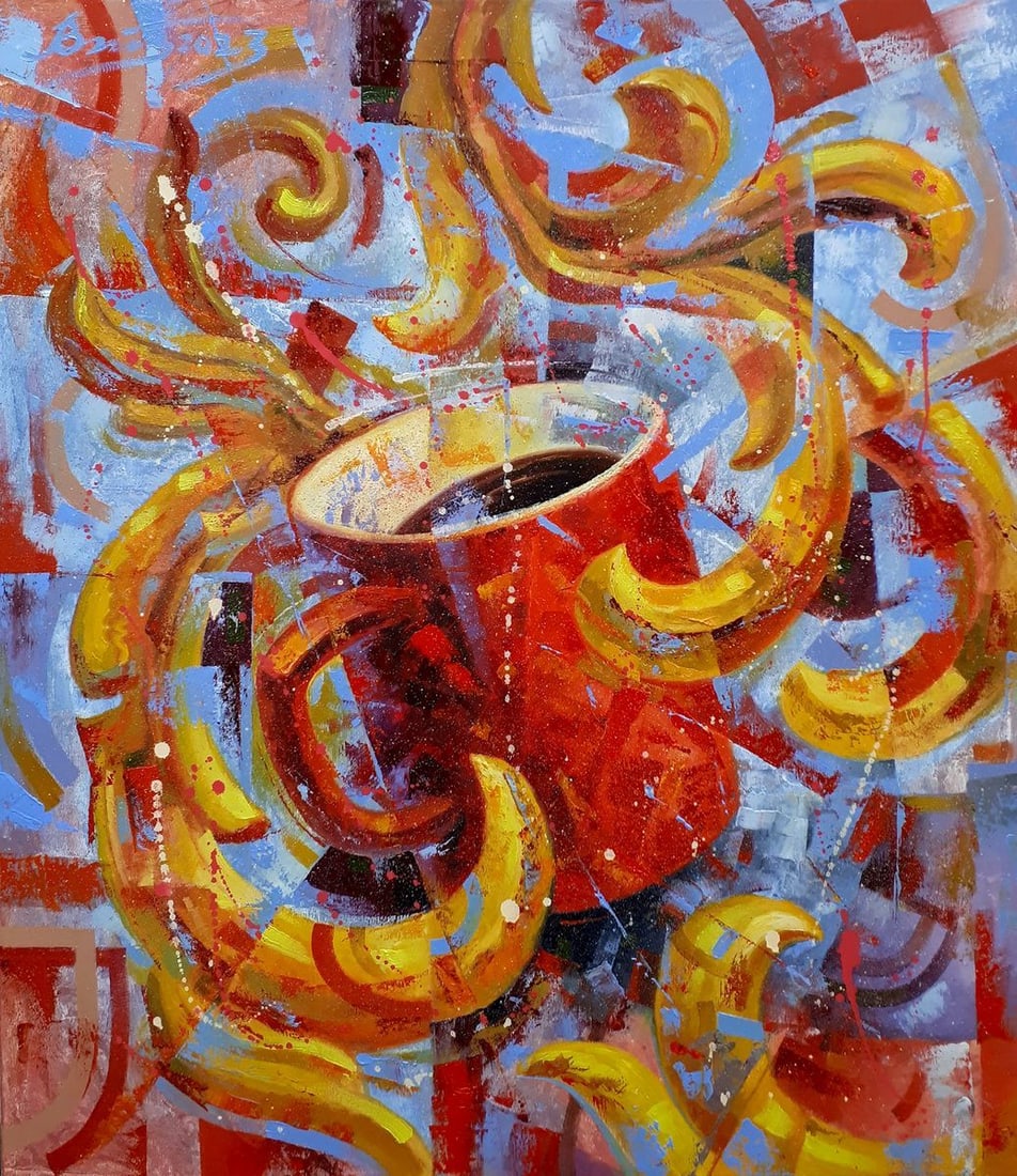 Oil painting Strong black coffee Sergey Voichenko: Title: Oil painting Strong black coffee Sergey Voichenko Description: No.Voich 28This oil painting, aptly named "Strong Black Coffee," presents a vivid abstract portrayal of the intensity and vigor