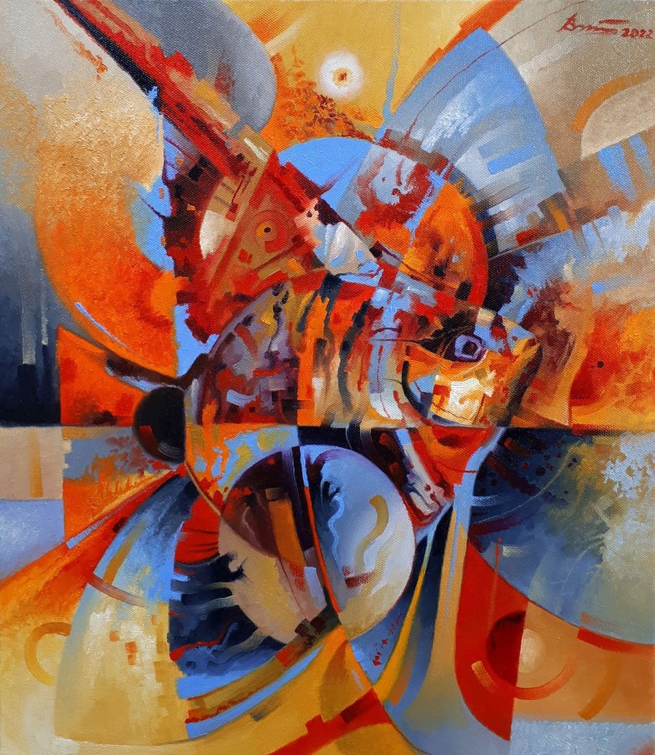 Oil painting Scalar vector Sergey Voichenko: Title: Oil painting Scalar vector Sergey Voichenko Description: No.Voich 36"Scalar Vector" is an abstract oil painting that evokes a sense of controlled chaos, where organic forms and geometric abstra