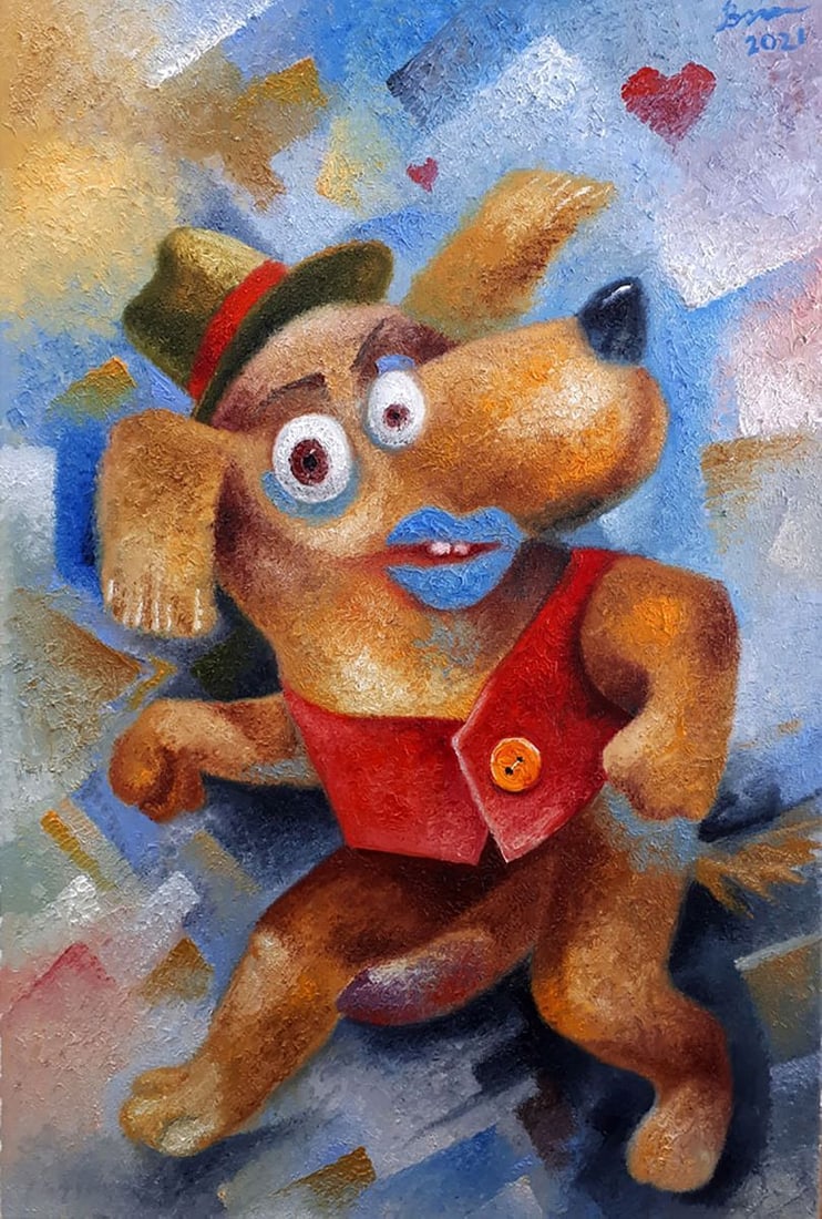 Oil painting Spring dog Sergey Voichenko: Title: Oil painting Spring dog Sergey Voichenko Description: No.Voich 37"Spring Dog" is a whimsical and charming abstract oil painting that exudes a playful and jovial energy. The artwork features a s