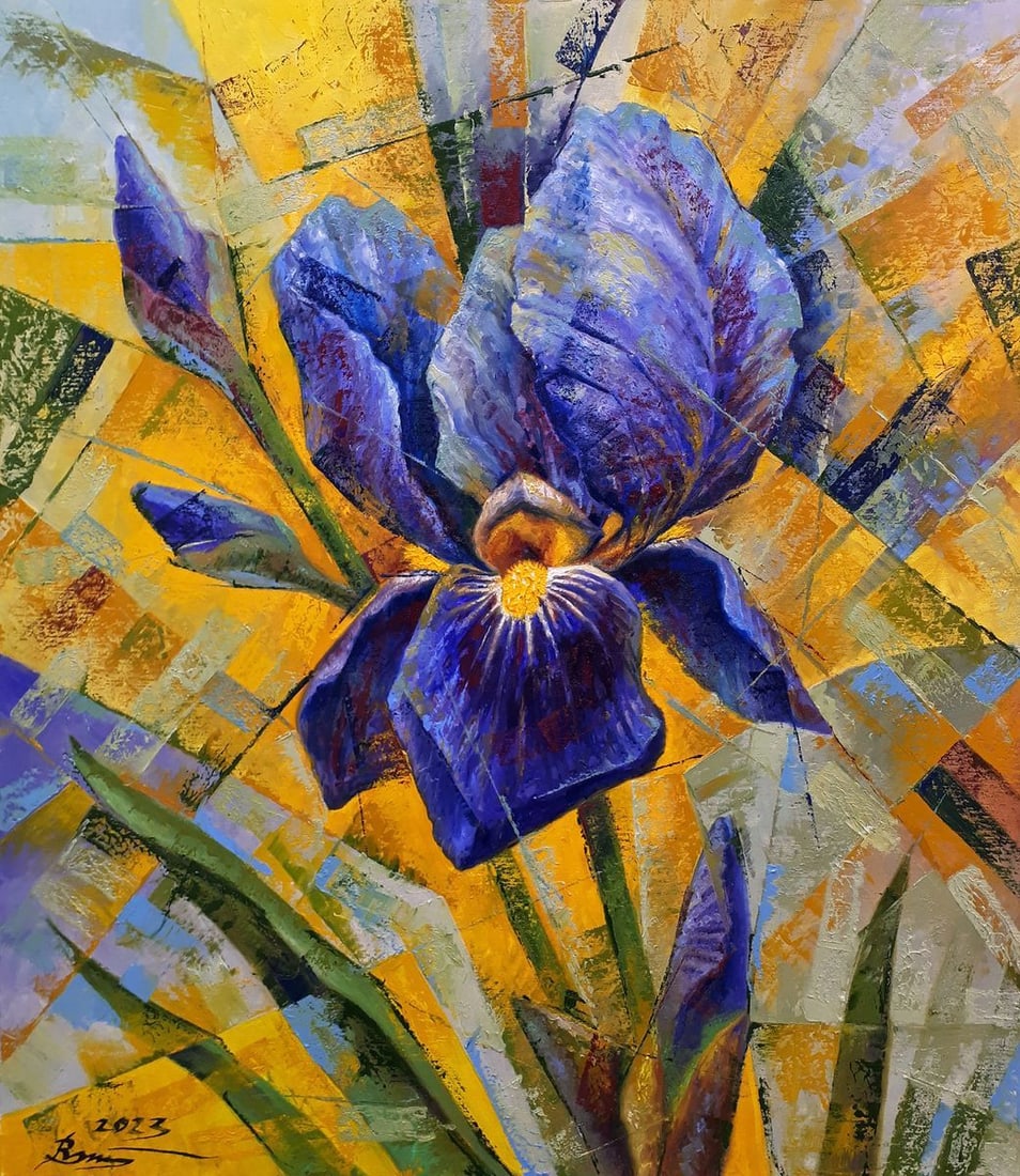 Oil painting Iris Sergey Voichenko: Title: Oil painting Iris Sergey Voichenko Description: No.Voich 50"Iris" is an expressive abstract oil painting that captures the essence of the iris flower through bold color and dynamic composition.