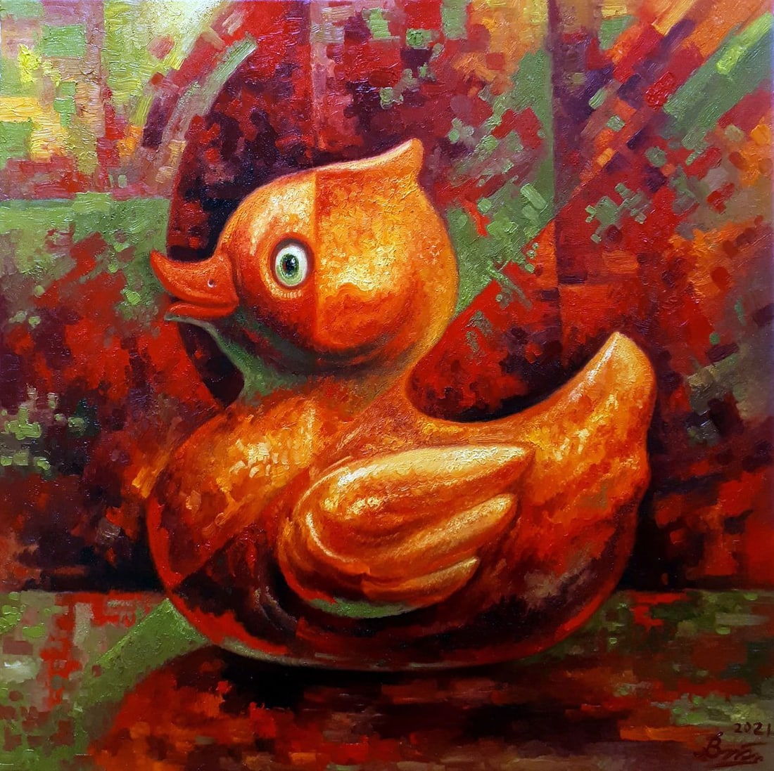 Oil painting Duckling Sergey Voichenko: Title: Oil painting Duckling Sergey Voichenko Description: No.Voich 51"Duckling" is an oil painting that radiates with warmth and vitality, offering an abstract yet affectionate portrayal of a young d