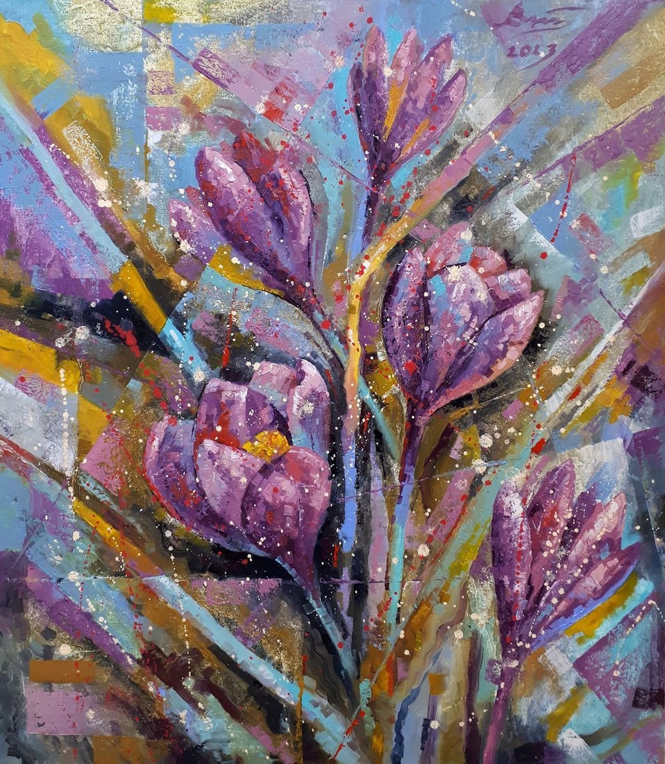 Oil painting Crocuses in March Sergey Voichenko: Title: Oil painting Crocuses in March Sergey Voichenko Description: No.Voich 56"Crocuses in March" is an abstract oil painting that bursts with the energy and renewal synonymous with early spring.