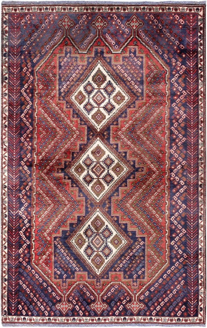 Vintage Afshar Rust/Navy Rug, 4' 3" X 7' 1": The brand Pasargad is the perfect blend of class and elegance. These Vintage Hamadan rugs bring traditional sophistication to your home. These Hamadan rugs feature 100% Wool, hand-knotted into elegant