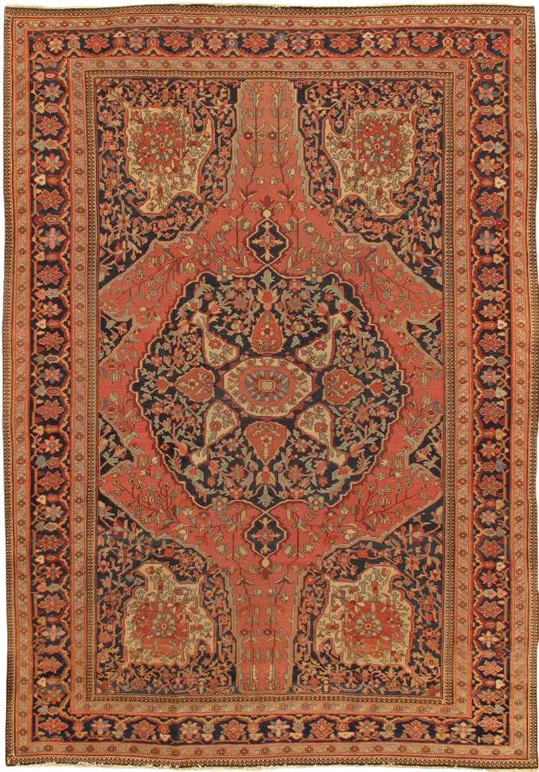 Antique Ferehan Rust/Navy Rug, 8' 4" X 11'11": Meet Pasargad's Antique Ferehan Collection. This gorgeous decorative area rug brings you a sophisticated look with a modern soft color choice. With a symphony of floral, vines and latticework detailin