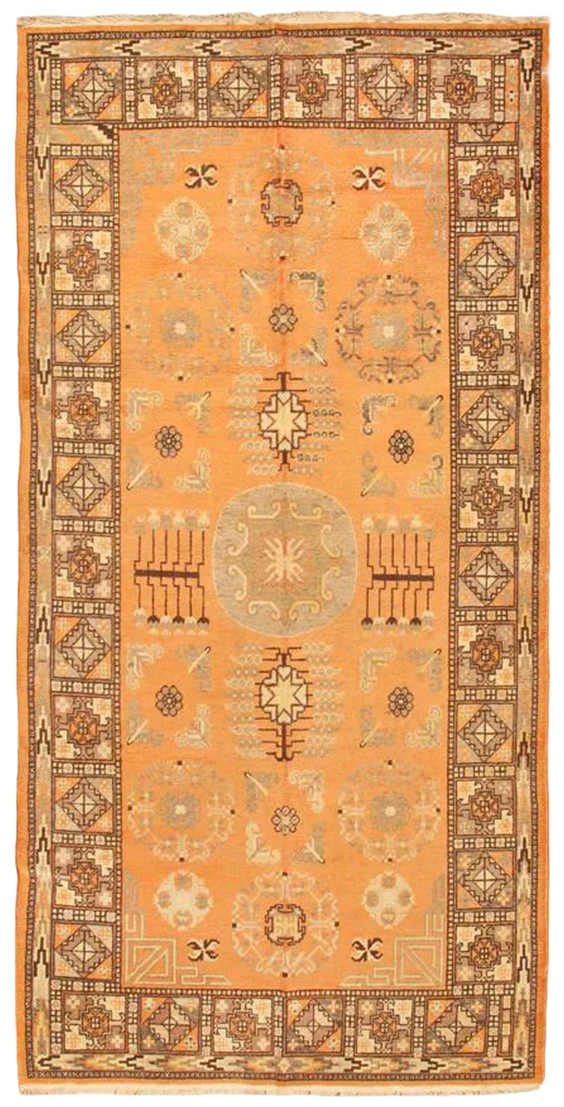 Antique Khotan Orange/Multi Rug, 4' 7" X 9' 3": Khotan hand-knotted rugs are quite unique folk artifacts which display elements of rich, historical cultures. These rugs bring traditional sophistication to your home. These rugs feature 100% premium