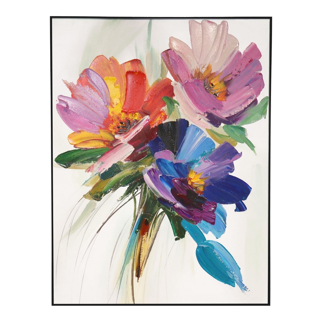 Pasargad Home Petals Hand-Painted Floral Oil Painting: This enchanting hand-painted artwork features a lush, expressive bouquet brought to life through a harmonious blend of oil and acrylic on canvas. Rich textures and vibrant brushstrokes capture the fle