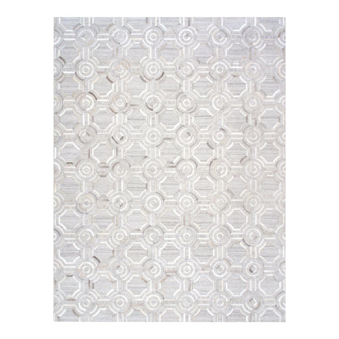 Galaxy Cowhide & Sari Silk Silver Area Rug, 5' 0'' X 8' 0'': The Galaxy Collection provides a fresh take on classic geometric design. Hand-stitched by skilled artisans. These rugs are given a unique texture and subtle shifts in color with the use of cowhide.